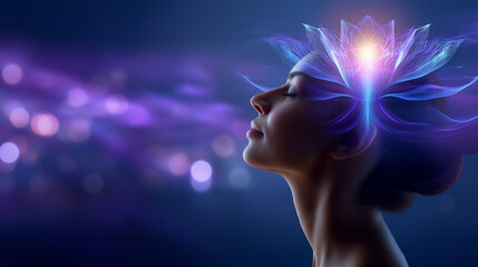 Spiritual faceless female silhouette with glowing lotus at the crown chakra, violet energy stream, transcendence and awareness, soft purple backdrop, defocused depth, with copy spa