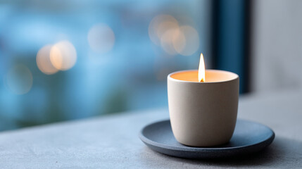 Minimalist lit candle in ceramic holder on dark plate with blurred blue background and soft bokeh lights
