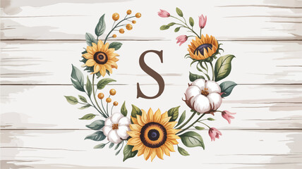 Floral wreath with sunflowers and letter S on wooden background