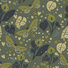 Elegant repeating pattern featuring Manduca sexta moths and Araceae leaves. Perfect for luxury wallpaper, artisanal textiles, and high-end decor.