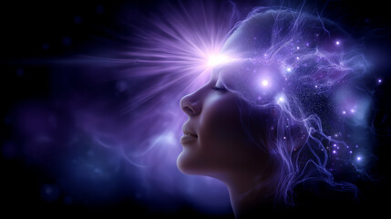 Abstract faceless woman connected to the universe, purple stream of consciousness entering the pineal gland, crown chakra activation, dark violet background, ethereal glow, defocus