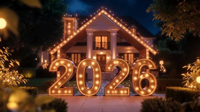 A beautifully illuminated house is showcased, adorned with dazzling lights, creating a festive atmosphere. The scene is further enhanced by large illuminated numbers that spell out the year 2026.