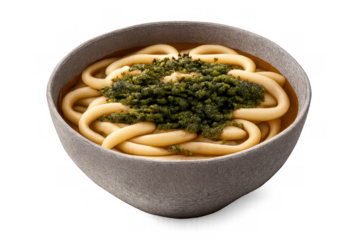 Udon noodles with green topping served in a gray bowl. Nourishing warm japanese cuisine on a transparent background