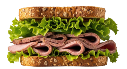 Delicious roast beef sandwich with lettuce transparent background cutout png