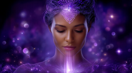 Faceless spiritual woman with glowing purple drop at pineal point, crown chakra activation, psychedelic abstract purple background, mystical symbolism, soft blur, with copy space