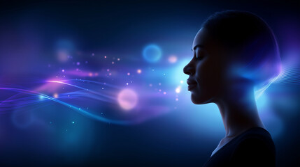 Abstract faceless silhouette dissolving into blue and purple gradients, neon streams of consciousness flowing through orbs and curves, meditative stillness, cosmic calm, defocused 