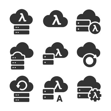 Cloud computing icons with server and lambda symbol in black and white.
