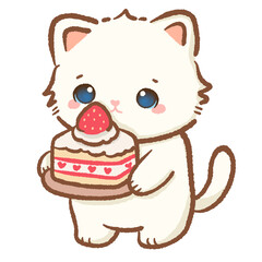 Cute white kitten holding a delicious strawberry shortcake with heart decorations adorable kawaii cat character illustration for celebration birthday and bakery cafe branding