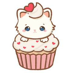 Adorable white kitten peeking out of a large pink cupcake with heart sprinkles and cream kawaii cat character illustration for birthday parties bakery and sweet treat designs