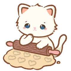 Cute white kitten baking heart shaped cookies with wooden rolling pin kawaii cat chef character illustration for kitchen decor bakery branding and home cooking designs
