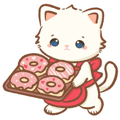 Cute white kitten holding tray of pink strawberry donuts with heart sprinkles kawaii cat character illustration for bakery cafe menu valentines day and sweet dessert designs