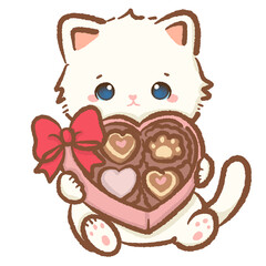 Adorable white cat holding heart shaped box of chocolates with red ribbon kawaii kitten character for valentines day romantic gift sweets and holiday celebration illustration