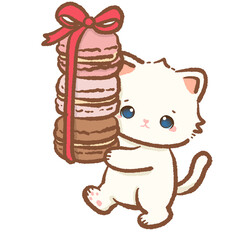 Adorable white kitten holding tall stack of colorful macarons tied with red ribbon kawaii cat character illustration for French patisserie bakery and sweet treats branding