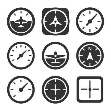 Set of nine black and white aviation instrument icons.