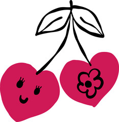 Hand Drawn Heart Cherry with Bow Ribbon Illustration