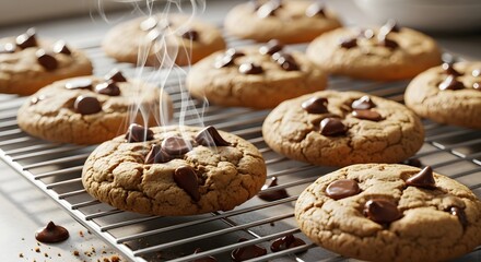 Freshly baked warm chocolate chip cookies cooling on a wire rack with visible steam suggesting they are straight from the oven and delicious
