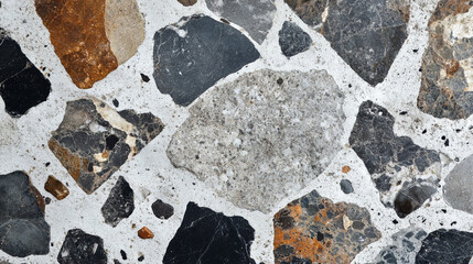 Gray, brown, and natural tile stone wall and floor background with Italian Venetian Ceppo di Grè terrazzo texture, matte and pithy, perfect for architectural and design visuals