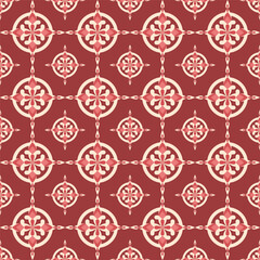 Decorative Floral Ornament Seamless Pattern with Circular Elements on Maroon Background