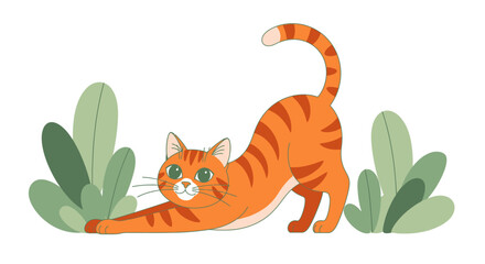 An adorable orange tabby cat with green eyes stretching playfully between lush green plants on a white background.