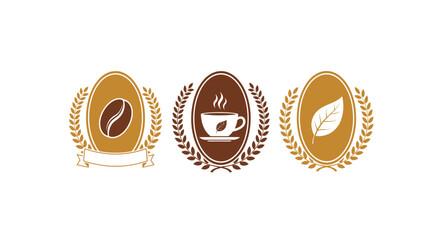 Three elegant oval emblems with laurel wreaths featuring coffee bean, steaming cup, and leaf designs.