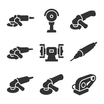 Set of industrial grinding and sanding tool icons in black silhouette style.