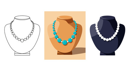 Various illustrations of elegant necklaces displayed on jewelry busts for retail presentation.