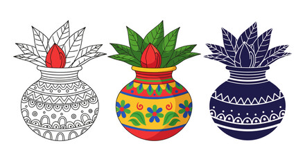 Three Kalash pots in different styles: outline, colored, and monochrome, used in Hindu rituals and festivals.