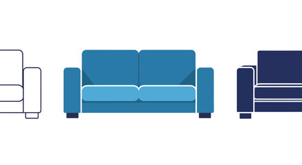Three illustrations of sofas, showing different styles and colors, from outline to flat design, on a white background.