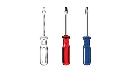 Illustration of three screwdrivers, including Phillips and flat head types, with different colored handles for various tasks.