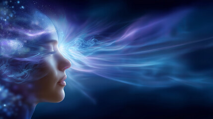 Faceless abstract human figure dissolving into blue and purple gradients, glowing consciousness streams, meditative soul journey, ethereal motion blur, with copy space