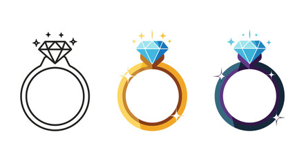 Three sparkling diamond rings in different styles: outline, gold, and dark blue, with brilliant gems.
