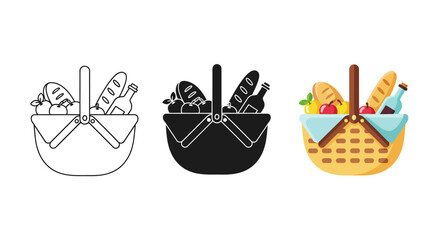 Three styles of picnic basket filled with food and drink, including outline, silhouette, and colorful flat design versions.