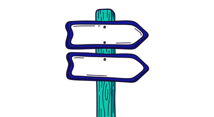 A cartoon illustration of a wooden signpost with two blank arrow-shaped signs, one pointing left and one pointing right, on a white background.