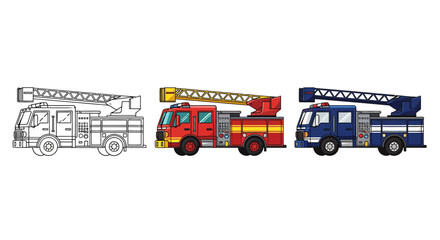 Three fire trucks in different styles, including an outline, a red and yellow, and a blue and grey version, on a white background.
