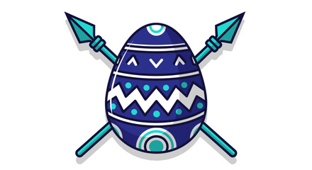 Stylized blue Easter egg with intricate patterns and two crossed spears behind it on a white background.