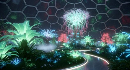 Bioluminescent futuristic greenhouse dome showcases exotic glowing flora beneath a simulated starry night sky with ethereal light displays