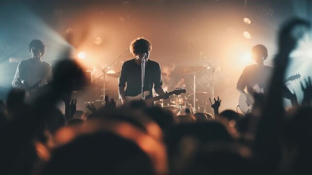 夜景のステージで拳を掲げる男性、ライブの熱狂を切り取る