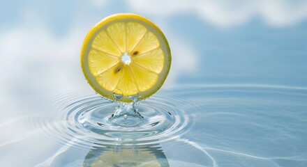 Vibrant backlit lemon slice captured mid-splash creating beautiful concentric water ripples against a soft light blue sky background