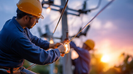 Faceless electricians repairing high-voltage power line on utility pole at sunset, safety uniforms, restoring electricity supply, teamwork and reliability, defocused background, wi