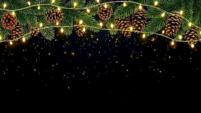 Festive holiday border animation with pine branches, pinecones, fairy lights and sparkling golden particles
