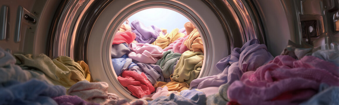 Overloaded Washing Machine with Clothes Spilling Out