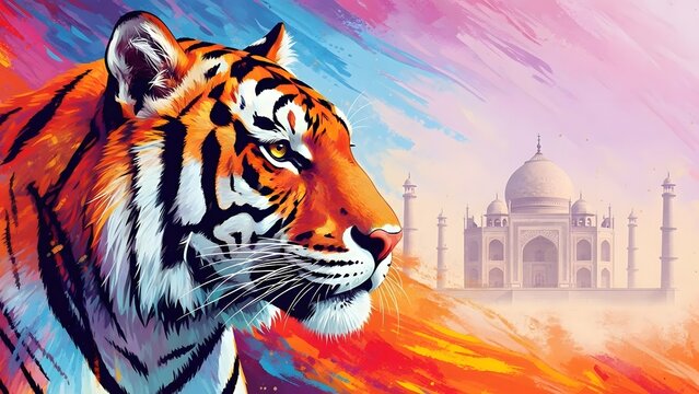Majestic bengal tiger portrait with taj mahal background in vibrant artistic style - Powered by Adobe