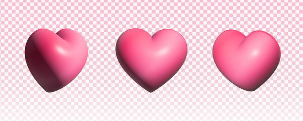 Pink 3D Heart Set with Realistic Soft Lighting and Glossy Texture Isolated on Transparent Background