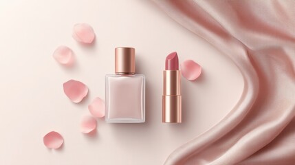 Bottle of perfume and a lipstick are displayed on a table with pink flowers. Valentines day.