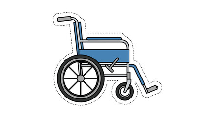 Wheelchair with blue seat and black wheels in flat design  