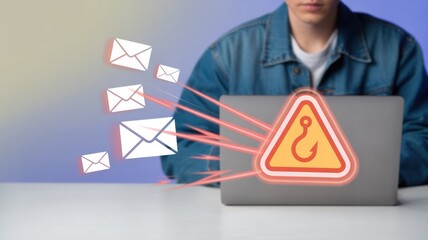 Email phishing scam concept with man using smartphone, warning icon with phishing hook and envelopes representing online fraud, cyber attack, scam email, and internet security risk in digital world.