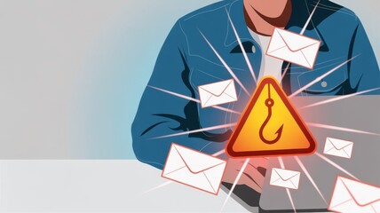 Email phishing scam concept with man using smartphone, warning icon with phishing hook and envelopes representing online fraud, cyber attack, scam email, and internet security risk in digital world.