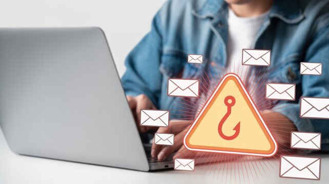 Email phishing scam concept with man using smartphone, warning icon with phishing hook and envelopes representing online fraud, cyber attack, scam email, and internet security risk in digital world. - Powered by Adobe