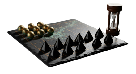 Board game with golden balls, black pyramids, and hourglass isolated on transparent background
