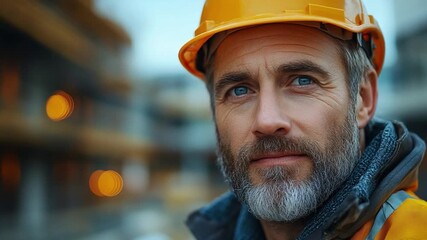 Confident Construction Worker: A skilled construction worker, adorned in a safety helmet and reflective vest, gazes intently with eyes that reflect years of experience.